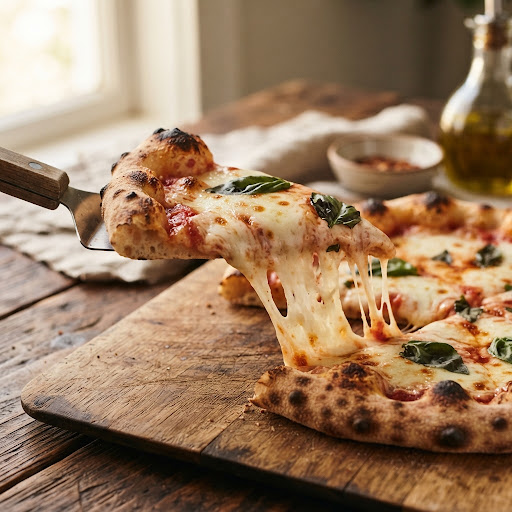 Clean minimal culinary photo on warm surface: single appetizing hot pizza slice with melted cheese string pull on rustic wood, warm natural light, food photography, no people, no text