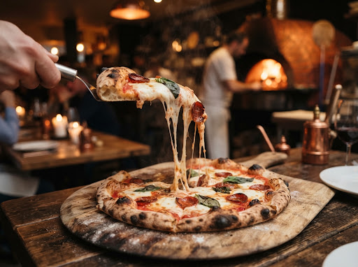 Pizza artesanal fresca com queijo derretido puxando