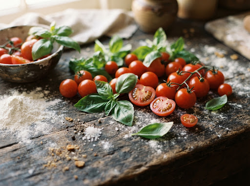 Close-up photography of rustic wooden table with fresh pizza ingredients: ripe red tomatoes, fresh green basil leaves, dusting of white flour on dark rustic wood, warm natural culinary lighting, soft focus, no people, no faces, no text or logos