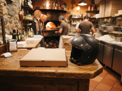 Caixa de pizza em balcão rústico de madeira