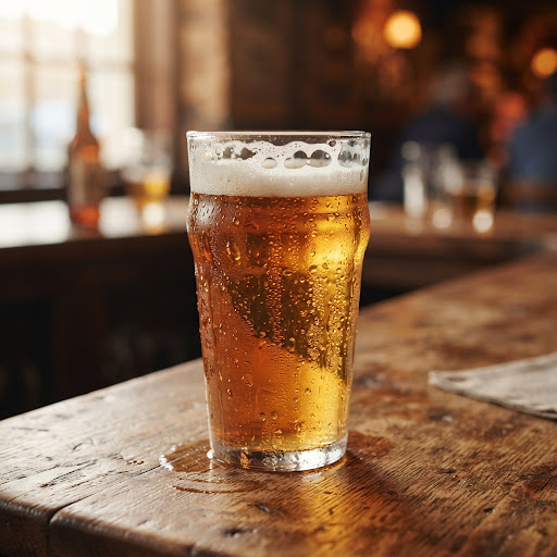 Clean culinary photo on warm surface: a cold glass of golden beer with fresh water condensation droplets, amber beer, foam head, warm natural ambient light, no people, no text