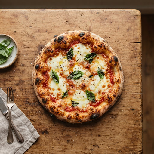 Clean minimal culinary photo on warm surface: a small whole artisanal pizza broto freshly baked with crispy crust and melted mozzarella, top-down angled shot, no people, no text